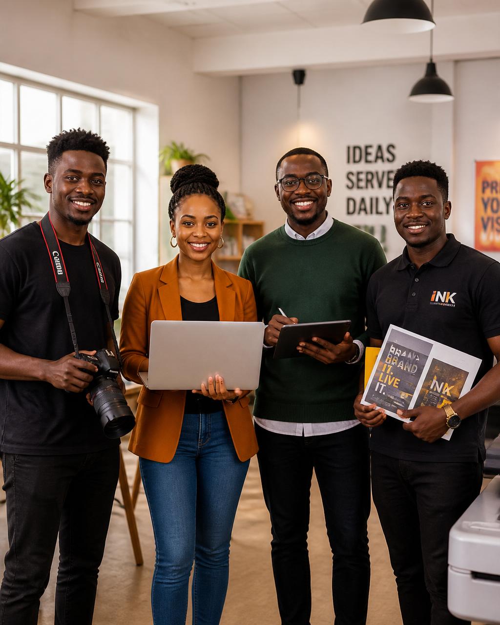 Ugandan photographer, marketing professional, designer and branding provider standing together in a modern studio