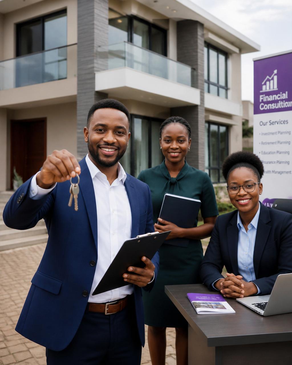 Ugandan real estate agent holding house keys with a financial consultant and professional advisor in front of a modern property