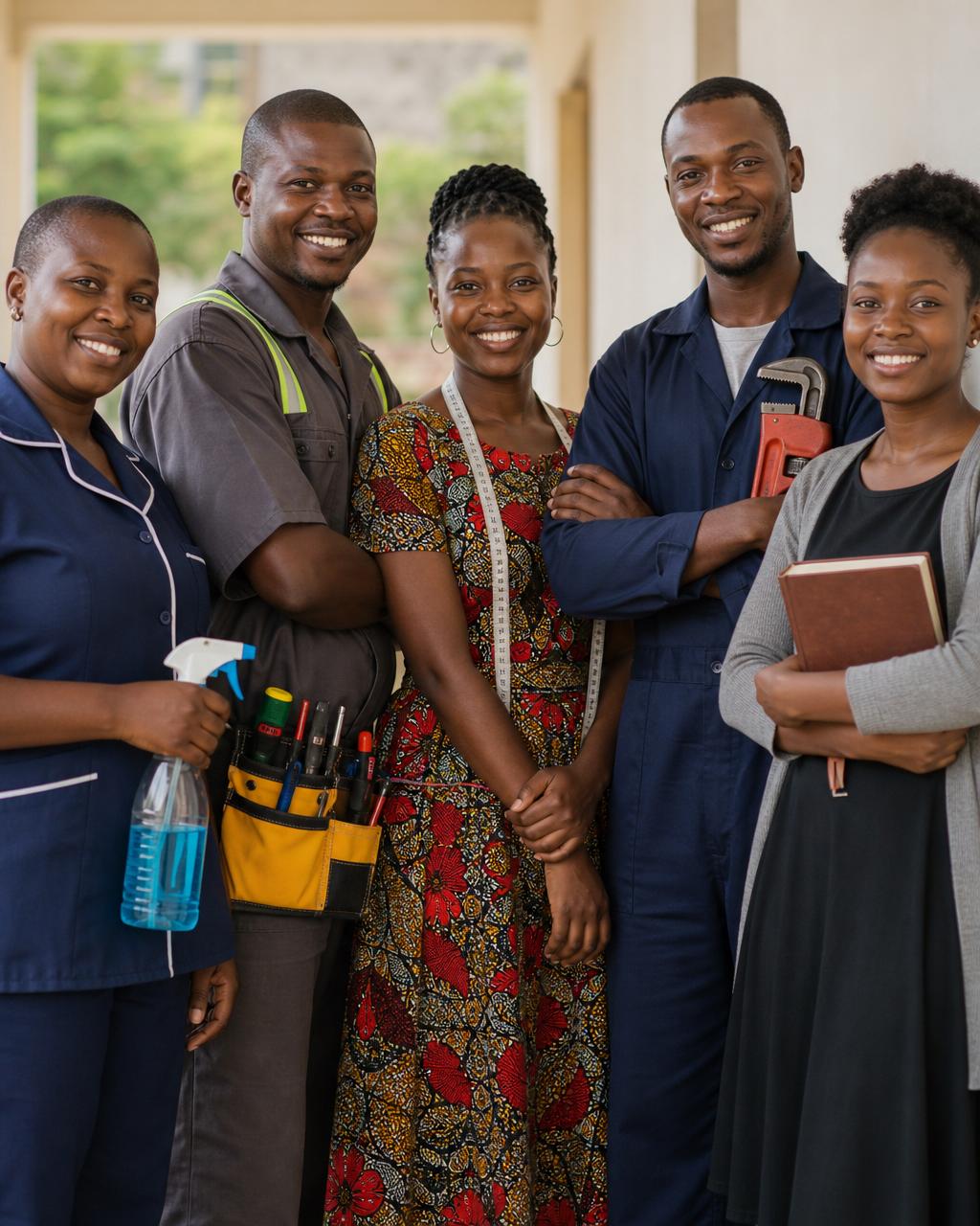 Local Ugandan service providers — cleaner, electrician, tailor, plumber and tutor standing together