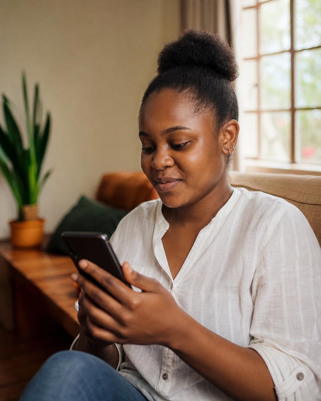 A Ugandan customer using her phone at home to post a service request on Tuungane